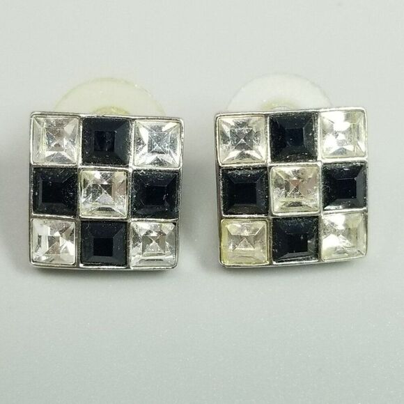 Vintage Ann Klein Black Silver Tone Checkerboard Rhinestone Square Stud Earrings - Picture 1 of 7